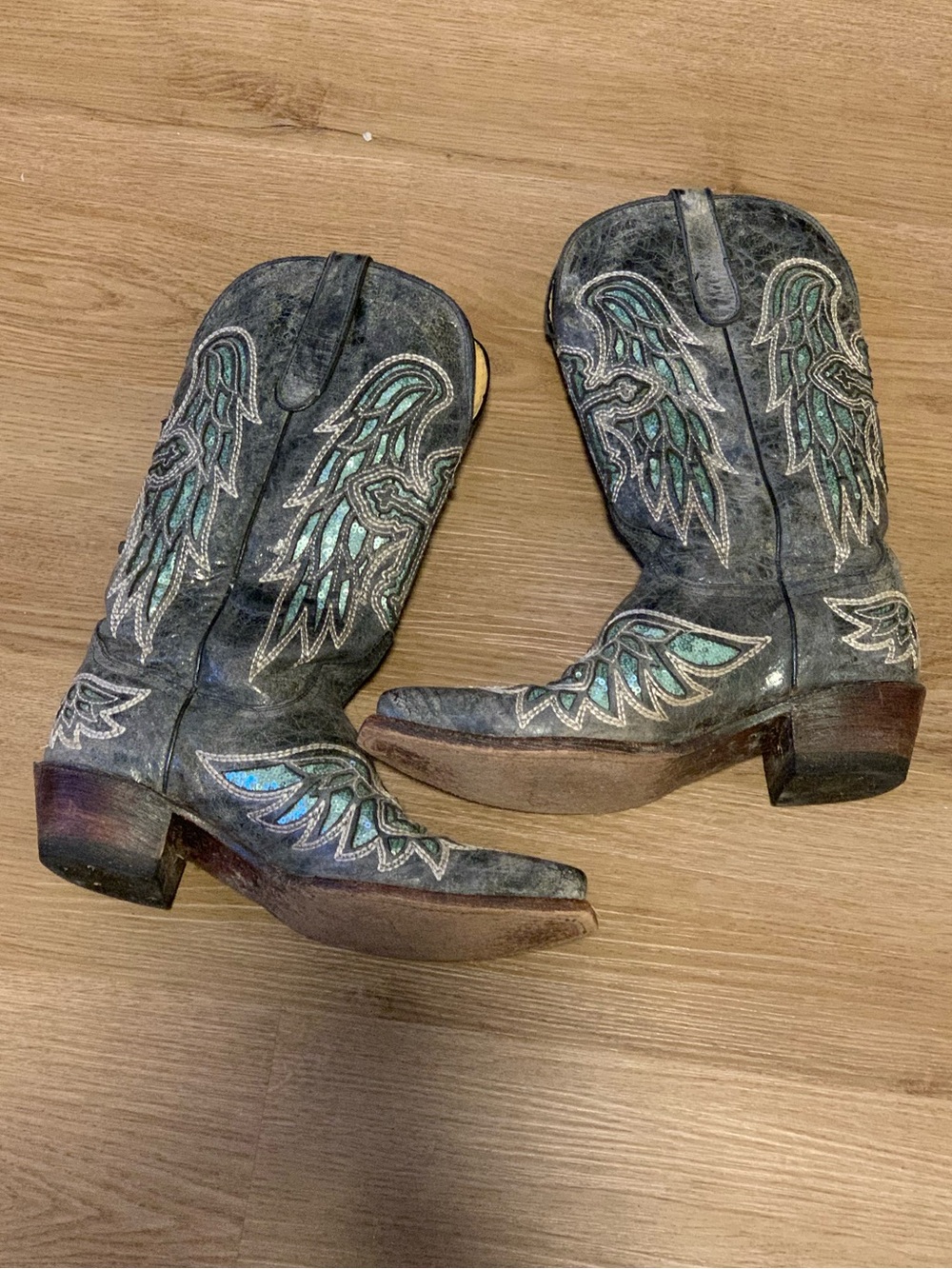 Women’s Ferrini Leather Cowboy Boots Western Angel Wings Cross Size 7 B Blue